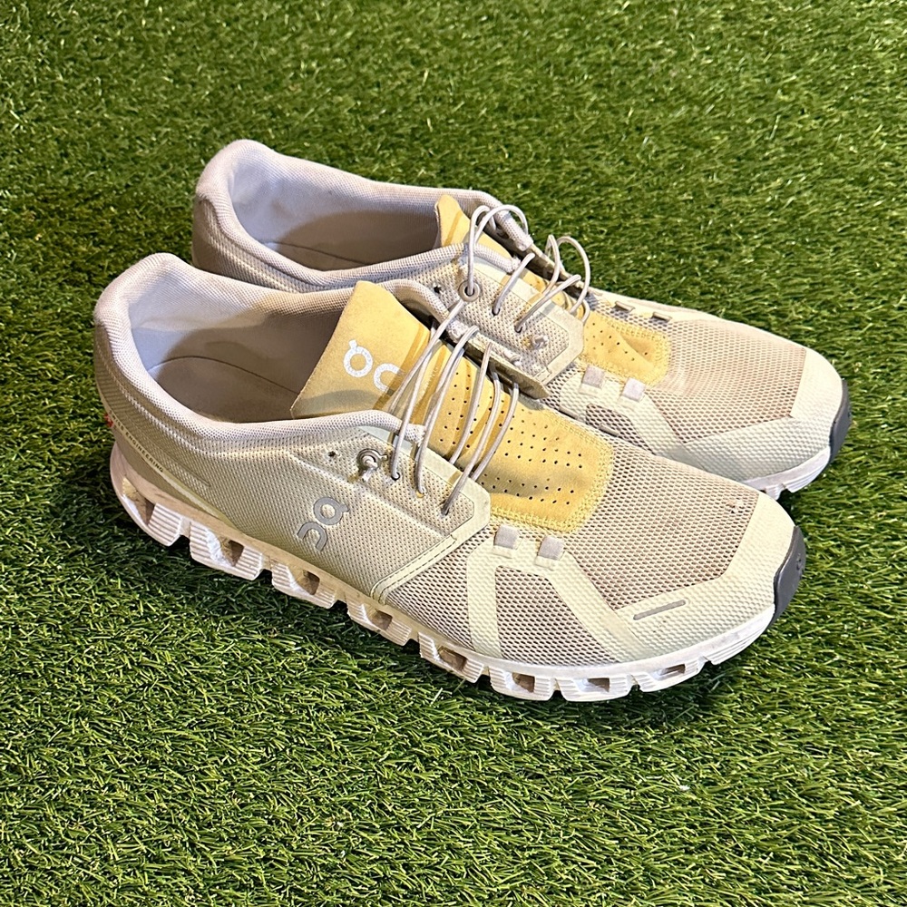 On Running Light Tan and White Athletic Shoes